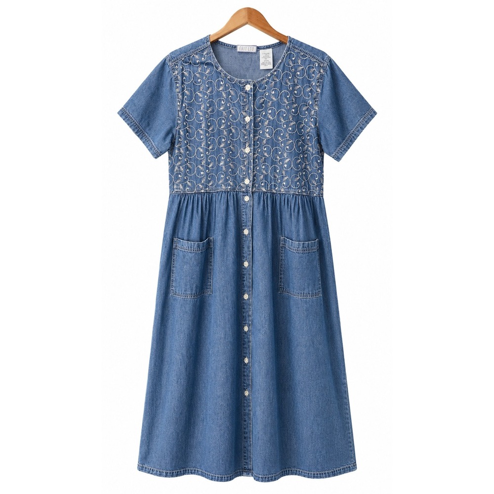 Erika & Co Blue Denim Embroidered Button Front Maxi Dress Size L Cottagecore